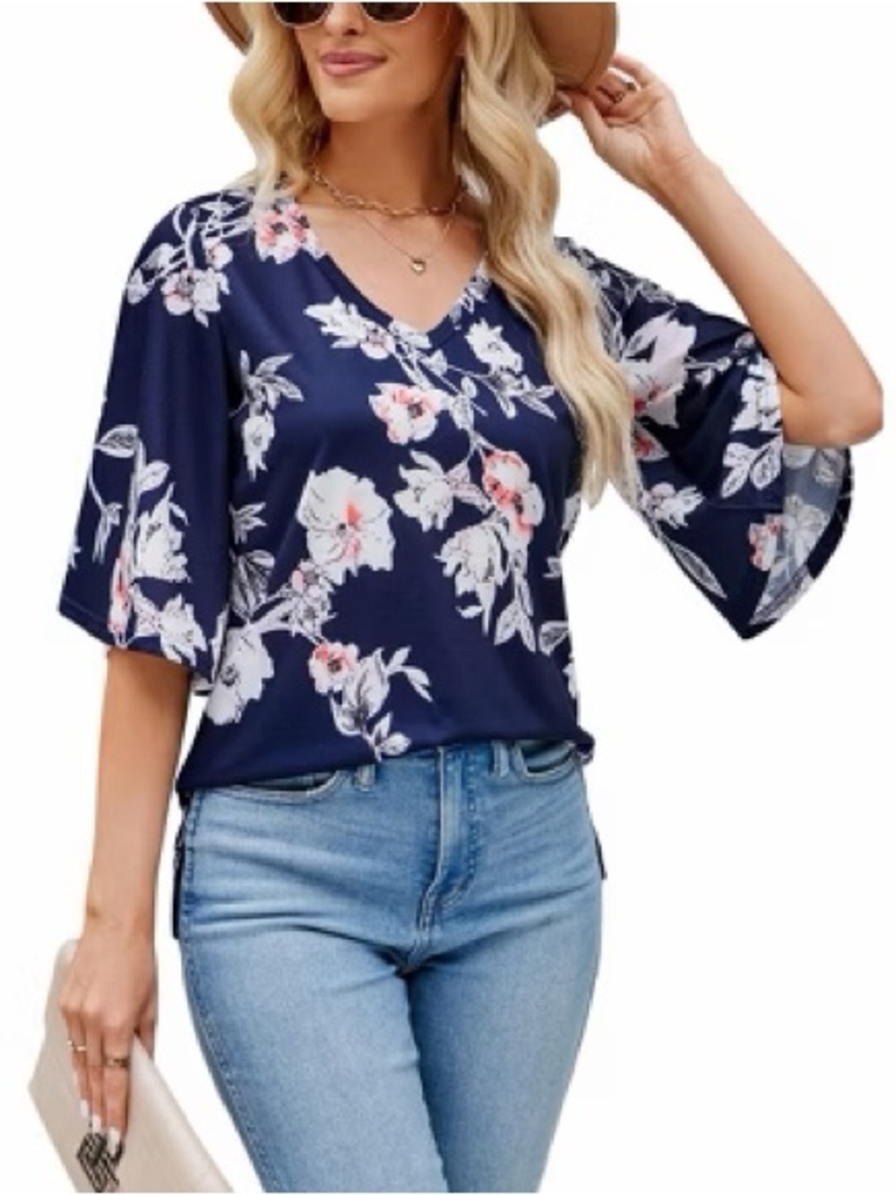 Floral V-Neck Bell Sleeve Top - Navy